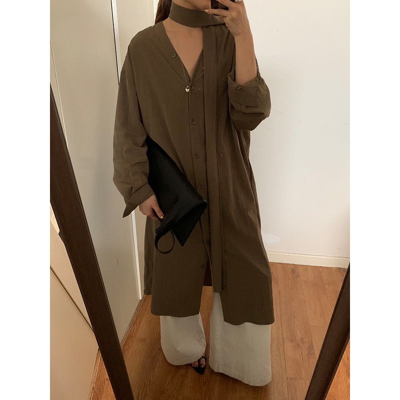 秋らしいリボンシルエットとスリムロングスカートのvネックロングシャツワンピース Wy008