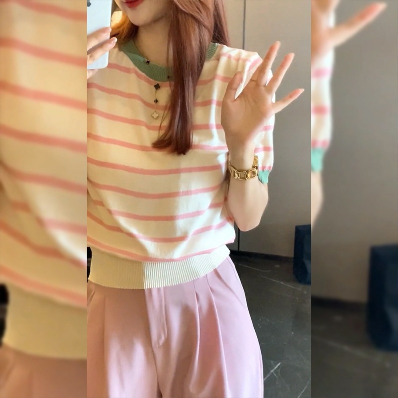 セットアップ 上下セット カットソー ワイドパンツ オルチャン ニット ボーダー ツーピース 2点セット 韓国 レディース ストライプ ホワイト ピンク グリーン 配色 半袖 ハイウエスト