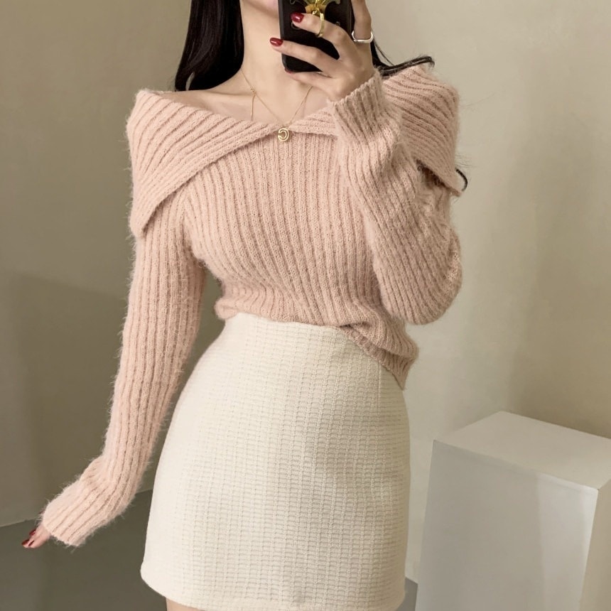 オフショルダーニット オフショルニット オフショルダー ワンショルダー ケープ リブニット セーター ニット グレー ピンク 黒 オフホワイト 韓国 レディース オルチャン 細見え オフショル