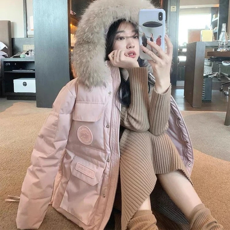 25 デン寒レディースショート厚みのあるビッグファー襟ピンク作業着パーカー韓国ダウンジャケットレディース