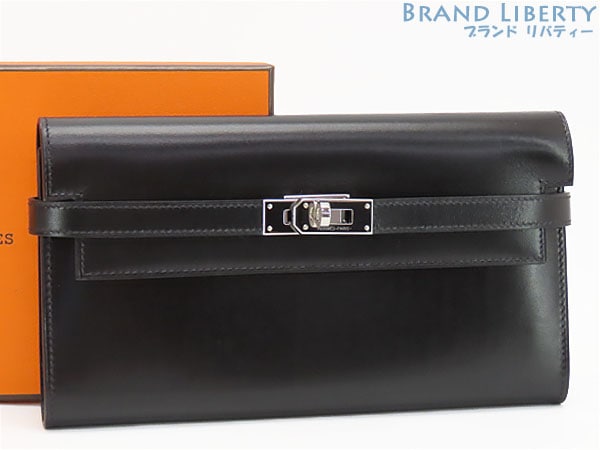 超美品エルメスケリーウォレットロング二つ折り長財布ブラックシルバー金具ボックスカーフH051301CK89