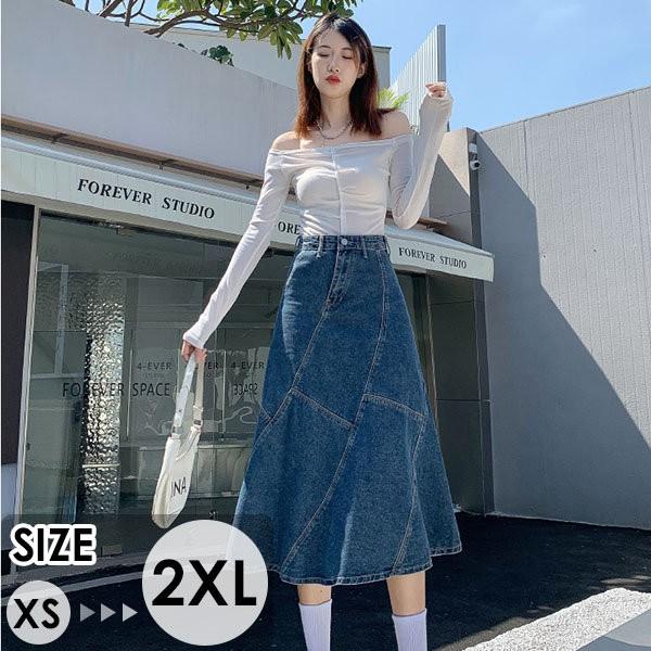(最安値保証)体型カバー ミモレ丈 ストレッチ デニム素材 ヴィンテージ レディース デニムスカート