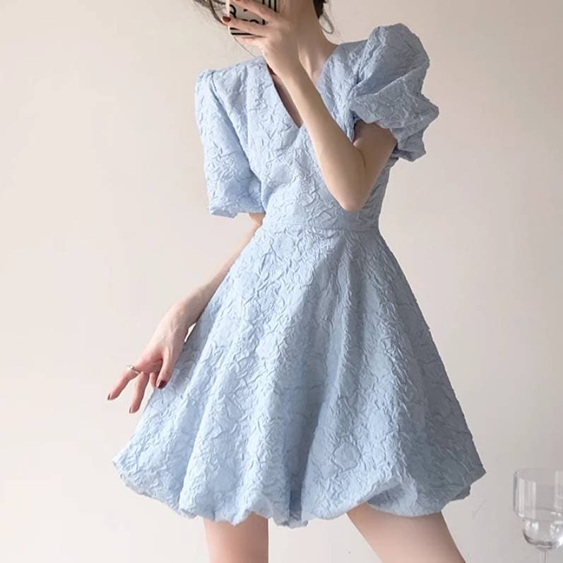 期間限定 レディース スカート ワンピース ドレス チュチュスカート ミニスカート ミニ ショート 半袖 パフスリーブ Vネック Aライン フェミニン ハイウエスト かわいい 大人可愛い きれいめ シ