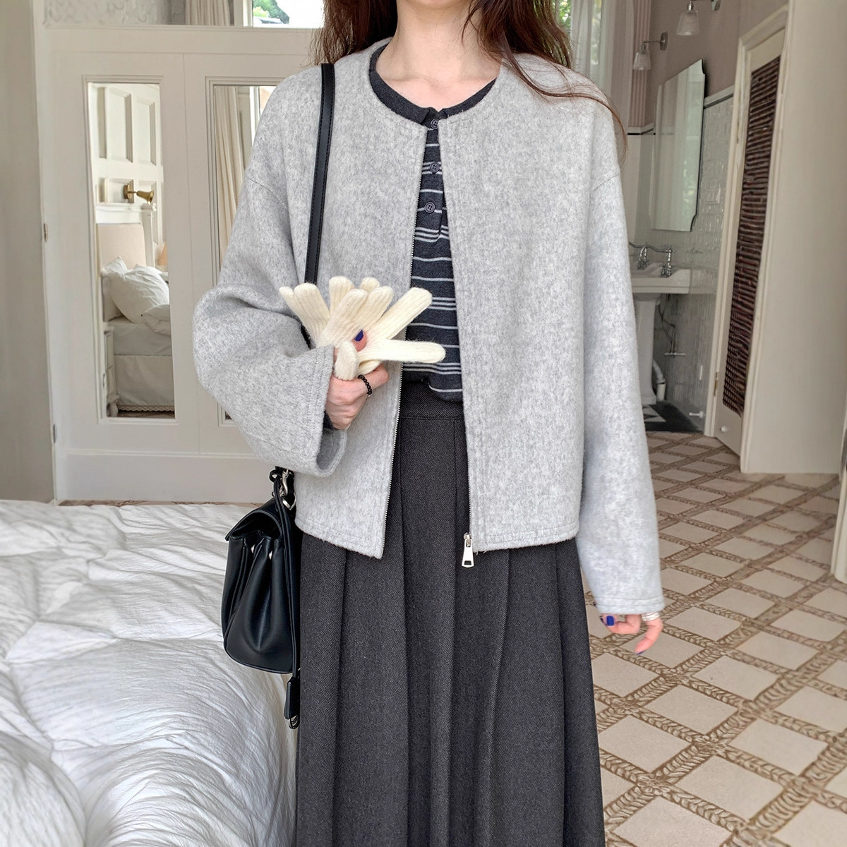 女性用シルエットウール両面ウールコート新作韓国風シンプルルーズラウンドネックウールコート