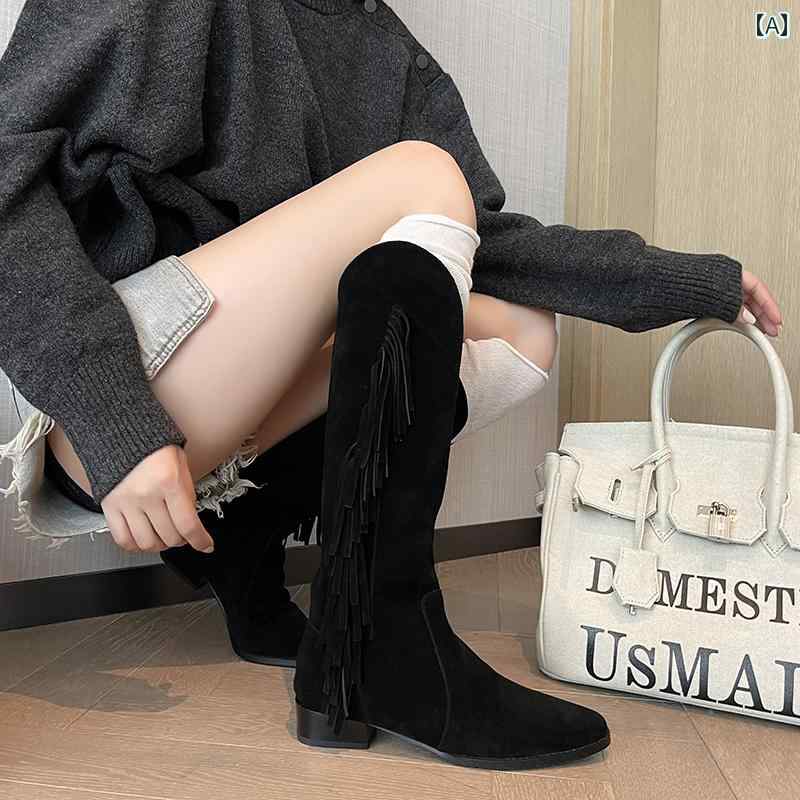 ロングブーツ レディース タイトフィット シンプル おしゃれ スタイルアップ 女性用 レトロ ウエスタン カウボーイ ブーツ 太い ヒール 尖った つ先 タッセル Vネック スリム ナイト ブーツ ヌ