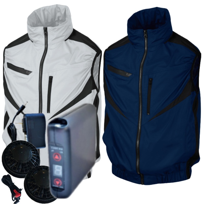 空調ベストセットS-AIR フード付 シンメン05902sob 6500mAHバッテリーセット 男女兼用 ポリエステル シルバグレー ネイビー S-3Lサイズ 空調作業服 ファン付き