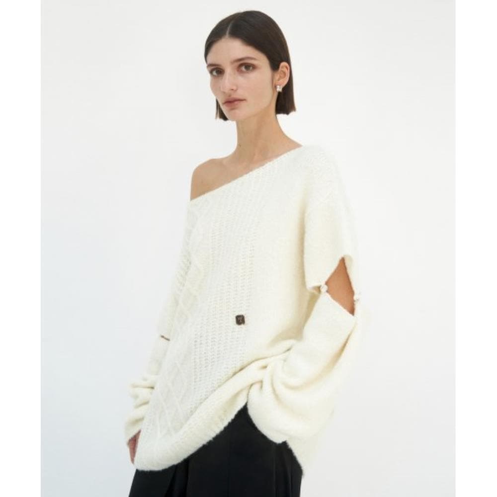 TREEMINGBIRD Sleeve Slit Boat Neck Knit Ivory TMB234KT