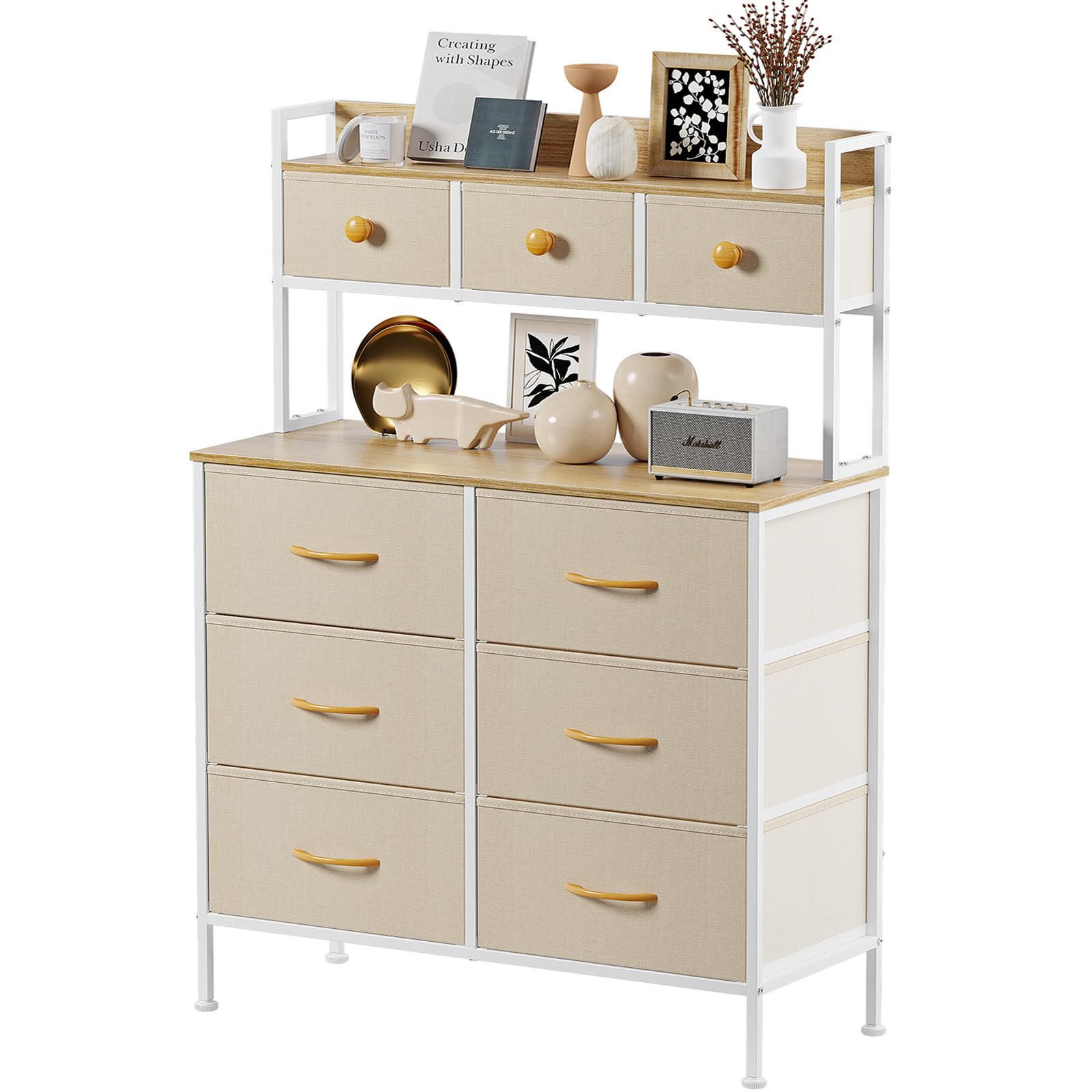 2段棚タンス 9杯ハイチェスト 収納チェスト/ドレッサー/化粧台/テーブル 幅85cmマルチチェスト 収納棚 棚付き 布製引き出し 洋服/衣類収納/衣装ケース 箪笥 おしゃれ
