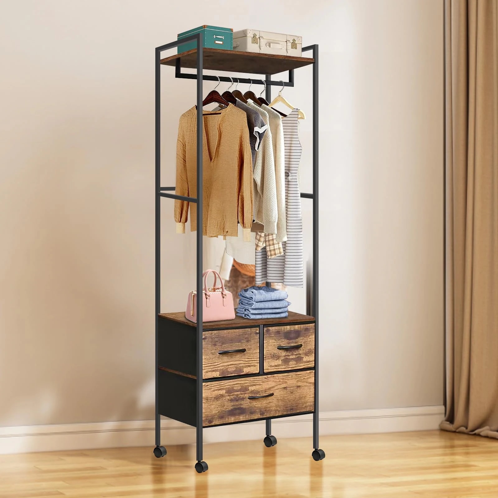 ハンガーラック スリム 頑丈 シングル コートハンガー 木製 収納付き 洋服ラック 引き出し ラック付き キャスター付き 幅58×奥行40×高さ170cm 省スペース 二年安心保障
