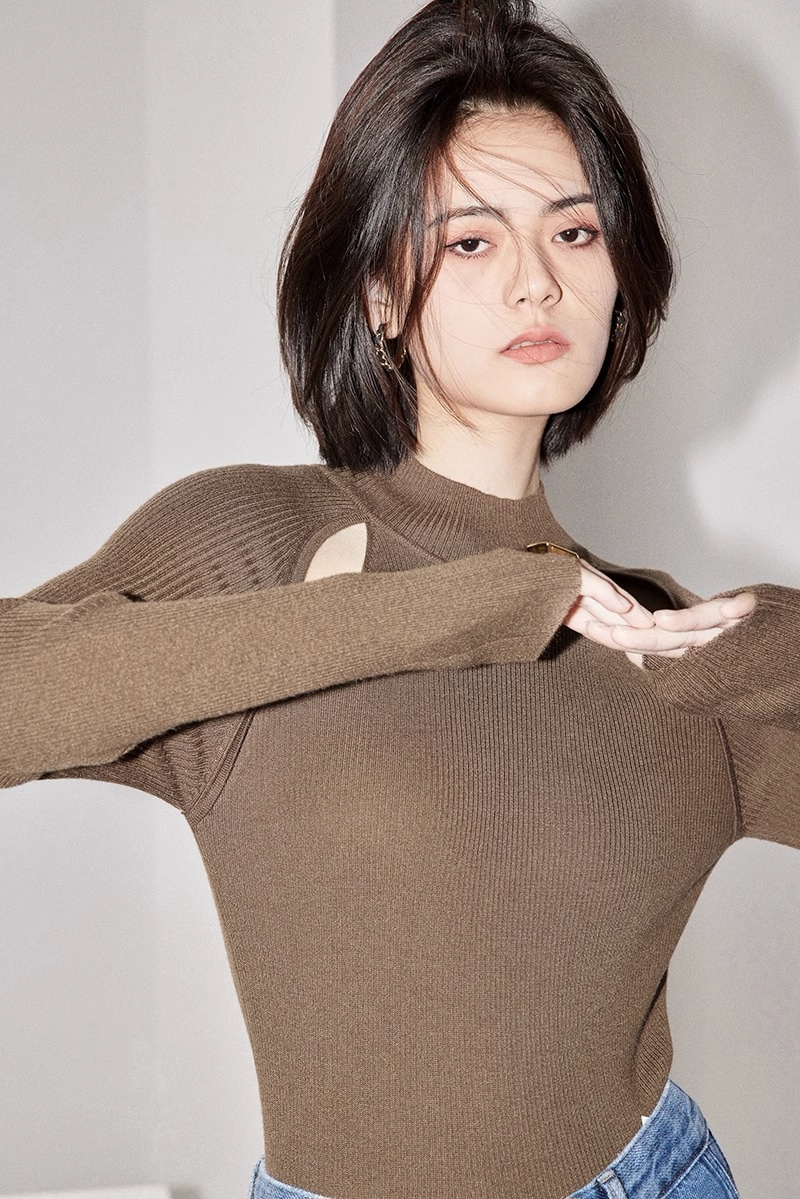 デザイン ハーフ ハイカラー 長袖 ニット セーター 個性的 トップス ニットソー 袖あり 長袖 襟なし スリム タイト 細身 ストレート きれいめ シンプル 大人 上品 おしゃれ お洒落 こなれ感