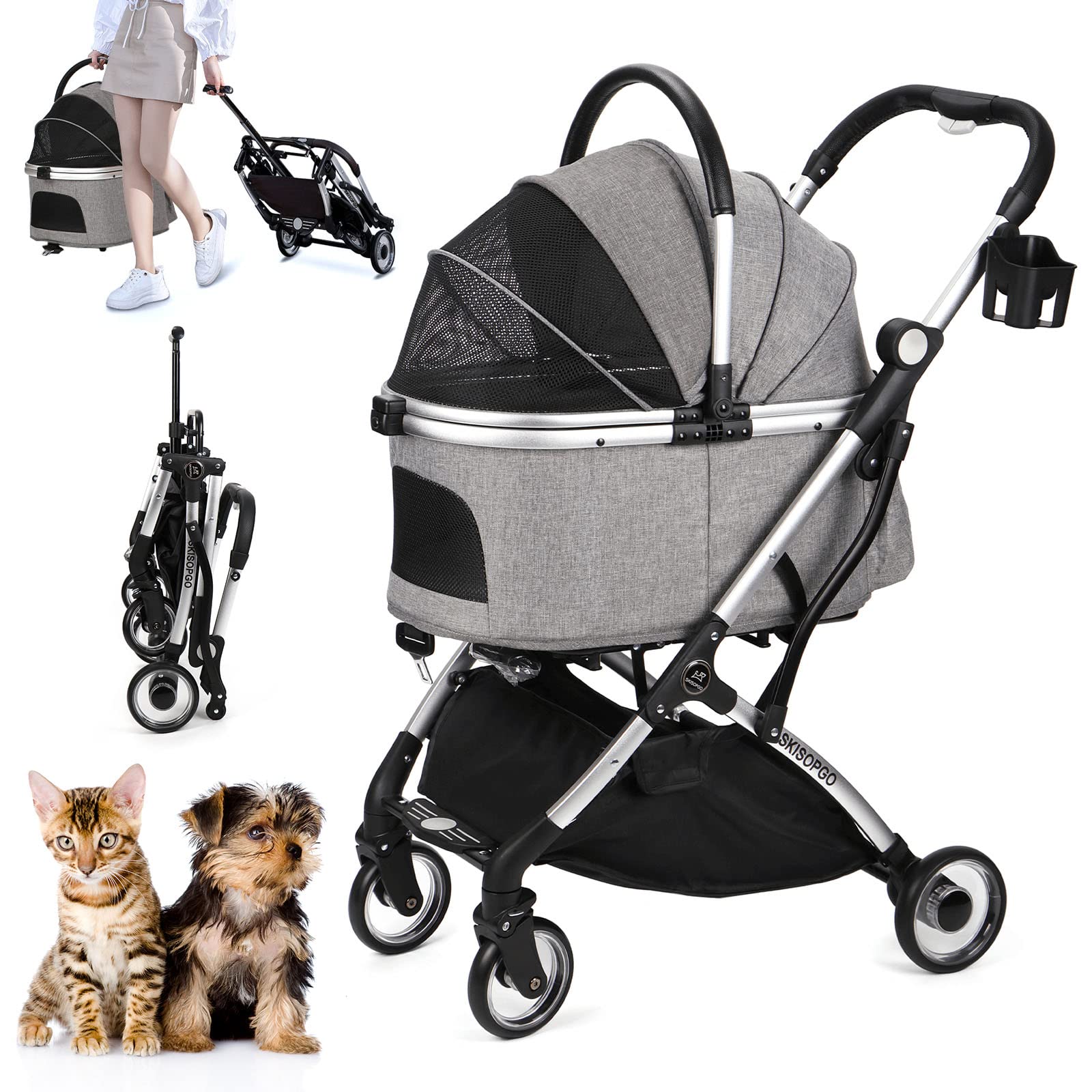 SKISOPGO ペットカート ペットベビーカー 収納バスケット 犬 バギー 猫バギー ワンタッチ 折りたたみ 犬用カート ペットキャリーカート 飛び出し防止 カート 犬用 組立簡単 多機能 犬 ベビ