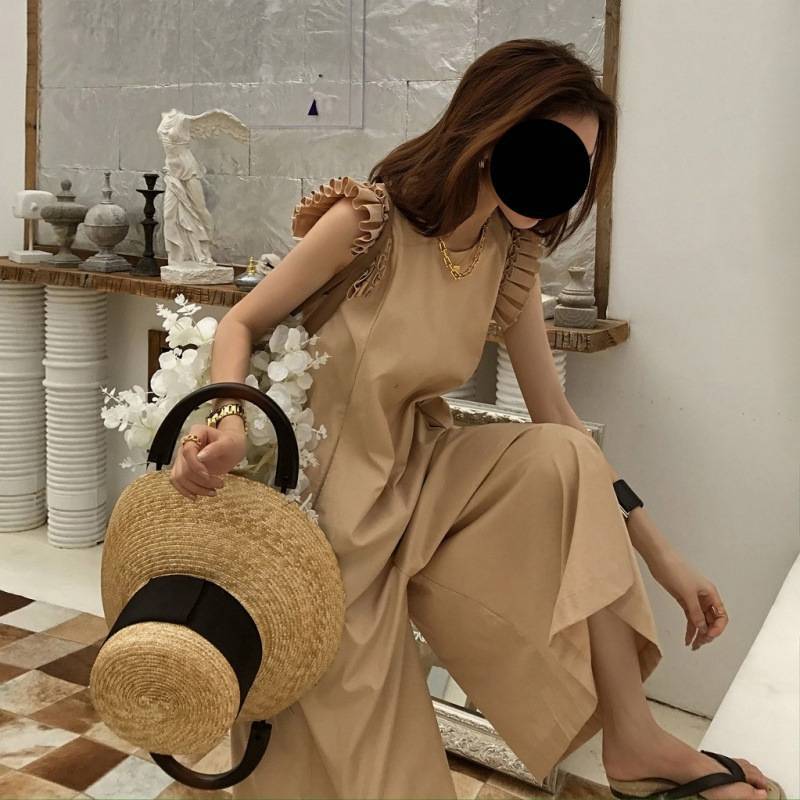 每日更新レディースオールインワンフリル袖ラウンドネック9分丈袖なしパンツベージュ ブラックワイドパンツ母の日