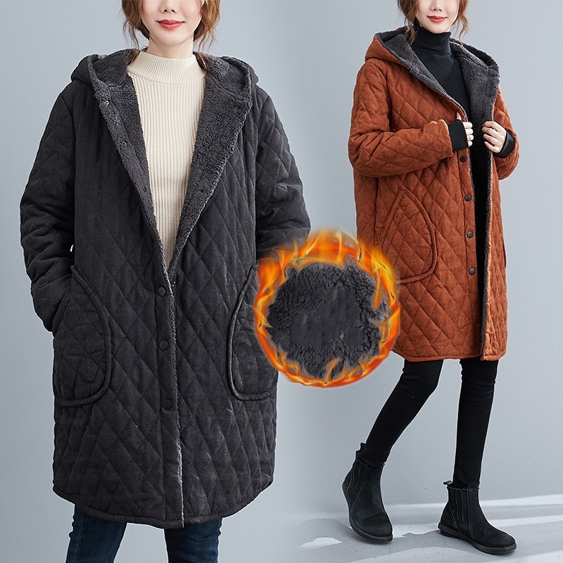 大人の魅力コートレディースアウターロングコートフード付き中綿入り長袖ミドル丈膝丈暖かいキルティングコート