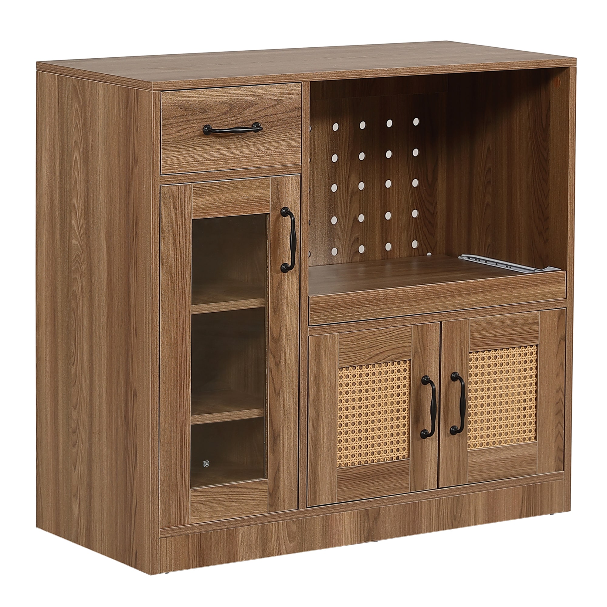 【国内へ発送&送·料·無·料】77キッチンカウンター 食器棚 キッチンキャビネット レンジ台 キッチン収納 幅88cm ラタン調 引き出し付き 組立品 扉付き スライドレール ロータイプ キッチンラッ