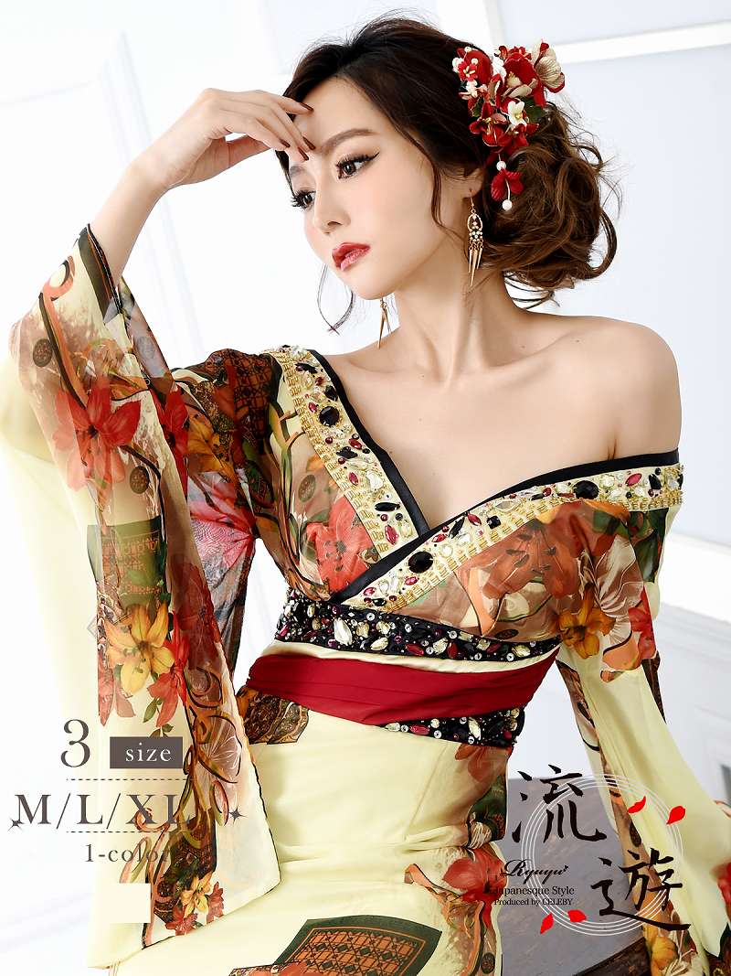 花魁 和柄ドレス シフォン 着物ドレス 百合柄 XL 和風 ロングドレス キャバクラ モダン 流遊