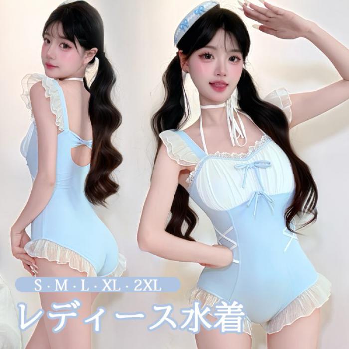 在庫一掃！ワンピース水着 レディース ロリータ風 かわいい 透け感あり リボン フリル 水着 肩出し 着痩せ 学生 シンプル セクシー 無地 コスプレ 衣装 海 リゾート 旅行 撮影 写真用 映える