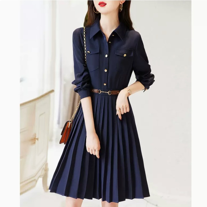 プリーツ ワンピース 膝上 ミドル丈 長袖 襟付き かわいい 可愛い きれいめ シンプル カジュアル 上品 おしゃれ お洒落 かっこいい アジアン 女子 こなれ感 キュート ガーリー