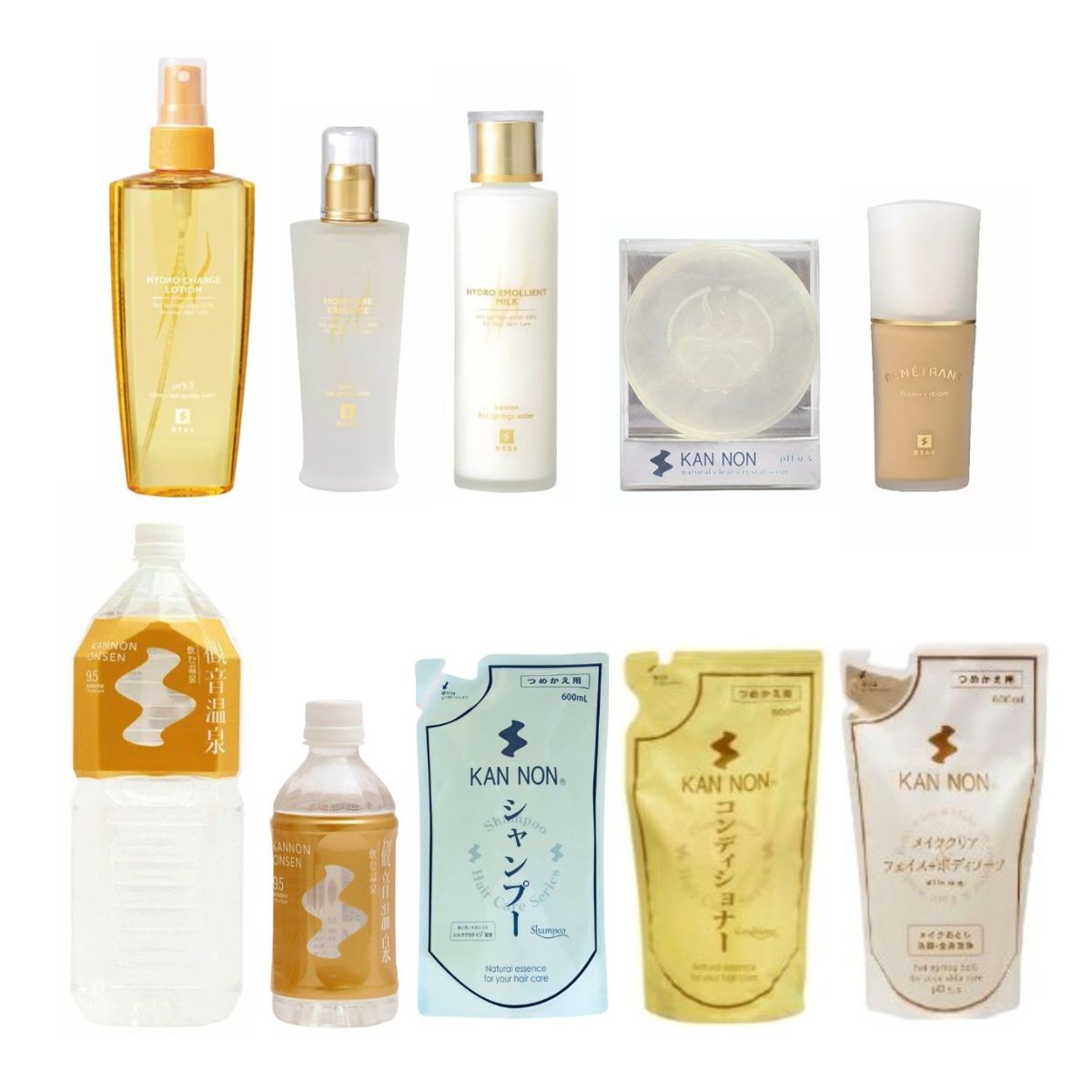 【観音温泉リピートセット350-N】全10品 ミネラルウォーター「飲む温泉」 スキンケア ファンデーション(ナチュラル) ヘアケア＆ボディケア(詰め替え3種) 温泉水配合 温泉コスメ