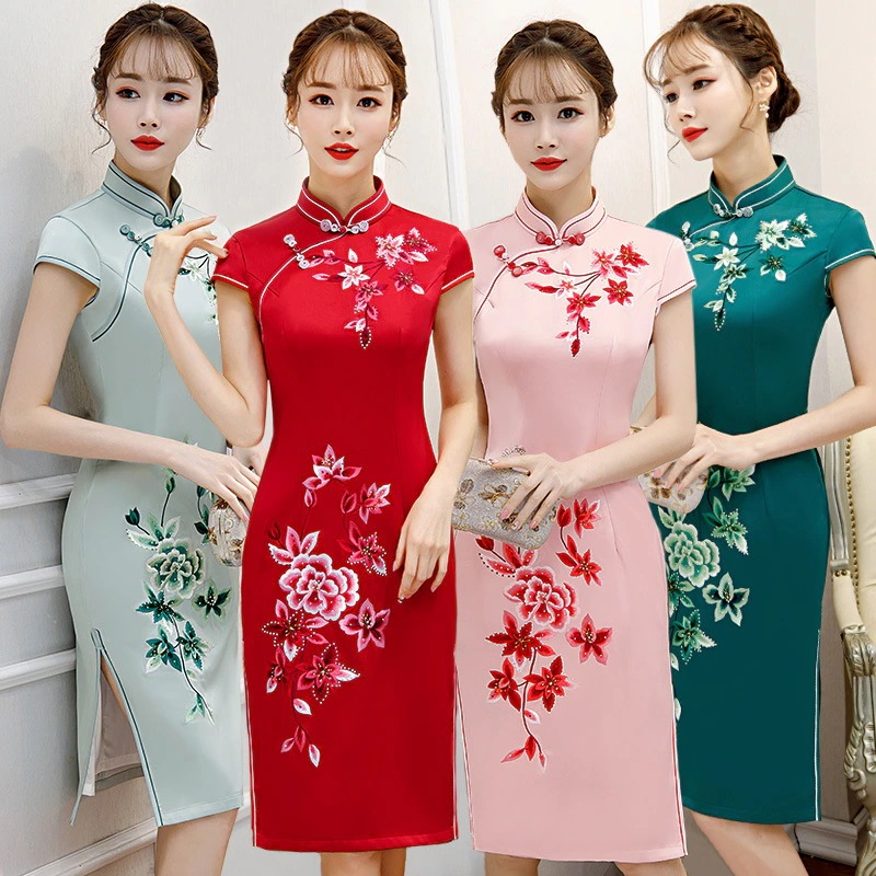ワンピースドレスドレス刺繍されたチェオンサム2025シルクミッドレングスの改良ドレスファッションファッション古い上海