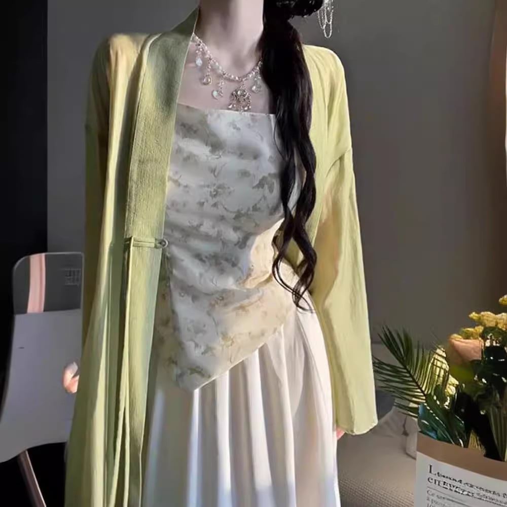 新しい中国風デザインのレディース夏用スリーピーススーツセット：カーディガンジャケット花柄キャミソールハイウエストメッシュスカート