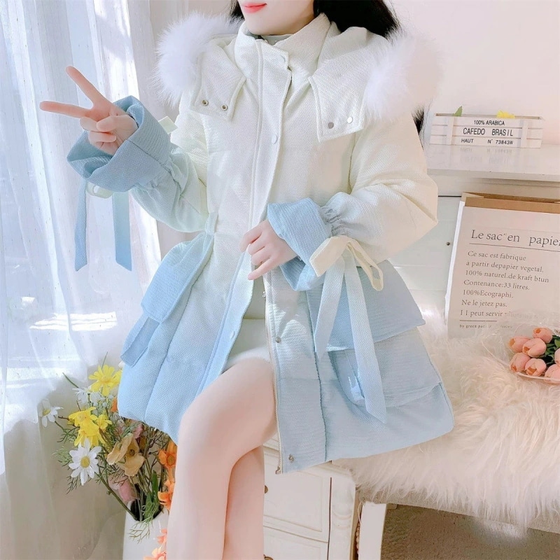 レディースミドル丈ダウンジャケット冬スタイル高級フード付き大きなファーカラー甘くて若々しい厚手のホワイトダックダウンコート