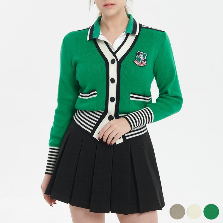 ゴルフウェア トップス レディース 韓国 ニット カーディガン 長袖 配色 Vネック ボーダー ライン 春 秋 冬 ベージュ 白 緑 おしゃれ