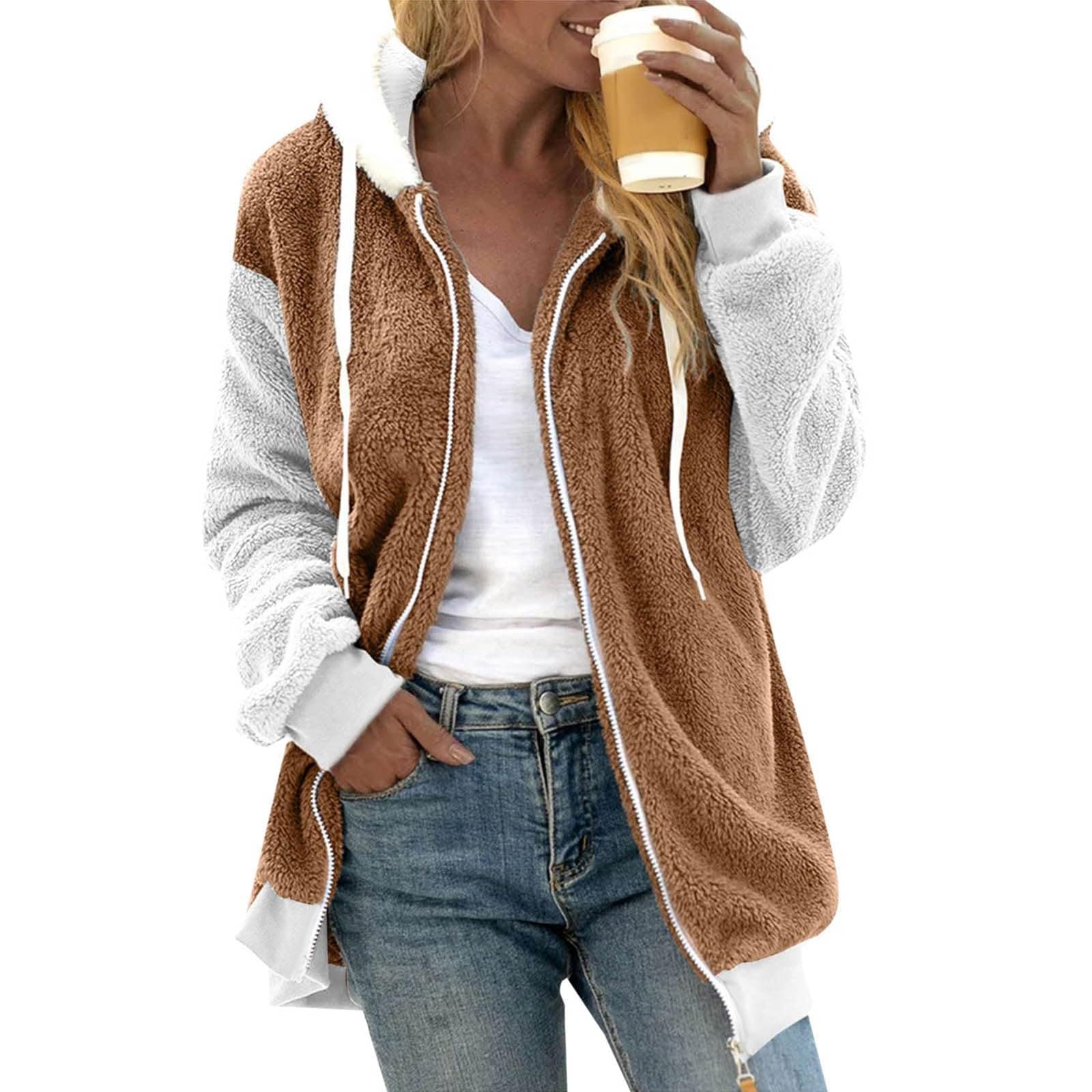 暖かい 無地 ファジー フリース ジャケット オープン フロント フルジップアップ パーカー カーディガン アウター ポケット付き