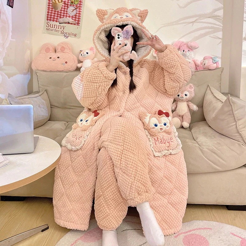 もこもこパジャマ 着ぐるみパジャマ パジャマレディースウィンターベルベット厚みのある3層コットンラミネートウォームフランネルウェアラウンジウェア
