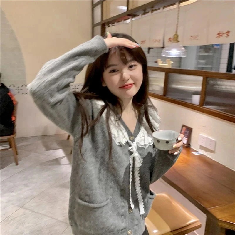 Tシャツカットソー ベーシックニット ドールカラー セーター レディース 可愛い レーストリム Vネック ニットウェア トップス J-QD329 韓国ファッション