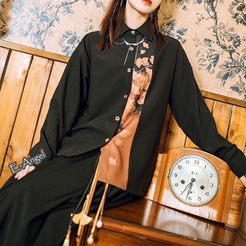 チャイナ風シャツ 切り替えトップス 柄シャツ レディース 銀杏柄 オリジナル