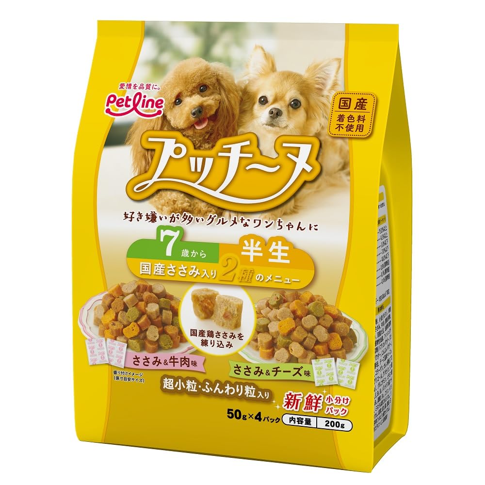 いぬのしあわせ ペットライン プッチーヌ 半生 7歳から 国産ささみ入り 200g(50ｇ×4) ソフト 国産 無着色 アソート 小分け 200g(50g×4)×12個 (ケース販売)