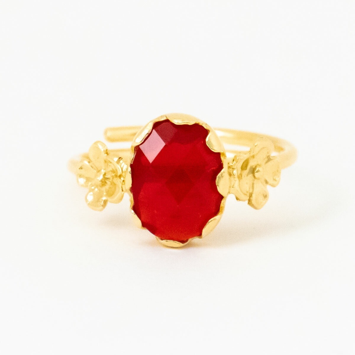 MESH フラワーストーンリング レッド フリーサイズ シルバー925 18Kゴールドコート Gold Ring 指輪 調節可能 ギフトBOX入り ジュエリークロス付き ハンド