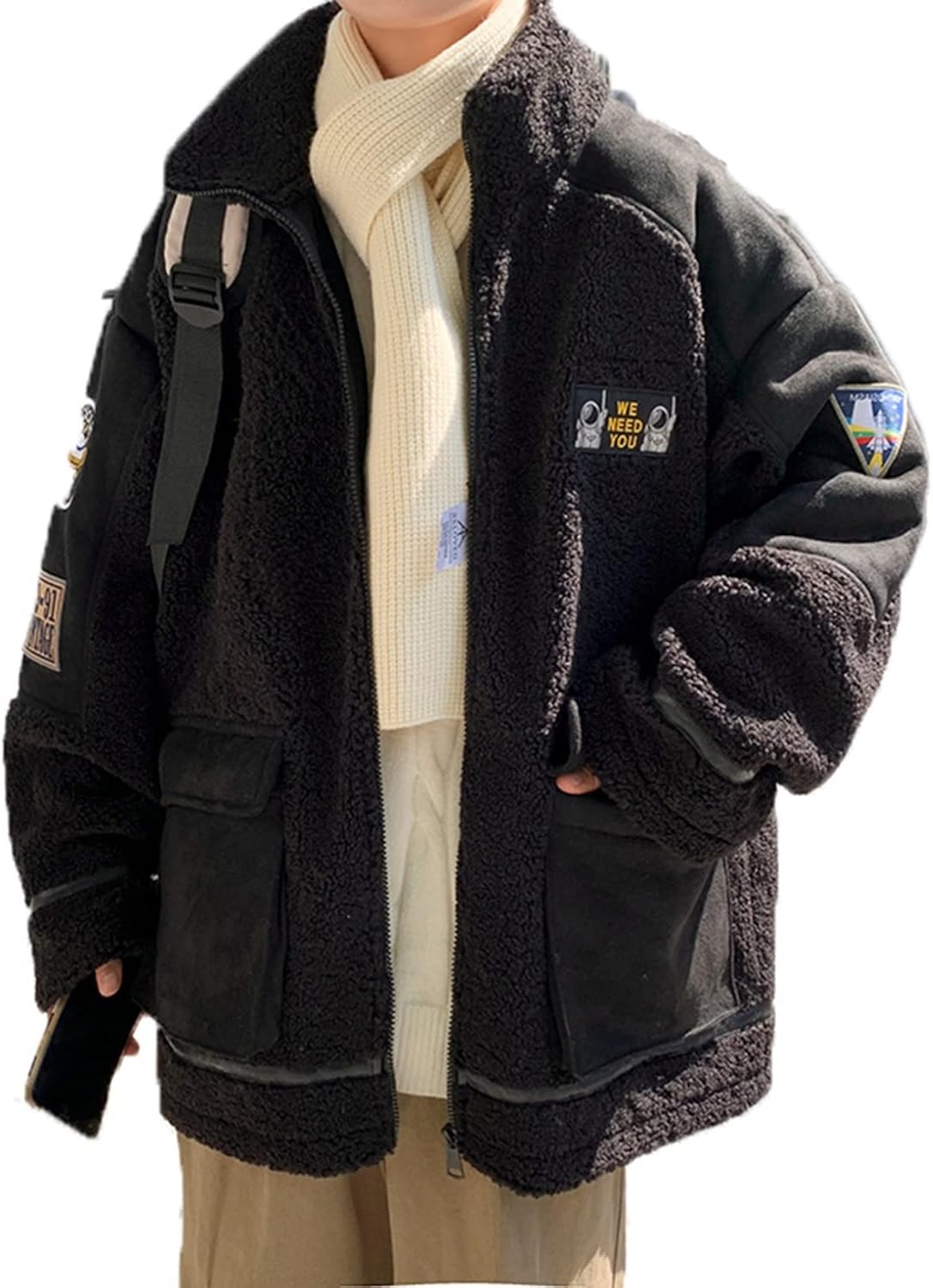 ボアジャケット ジップアップブルゾン メンズ レディース 立ち襟 厚手 秋冬 防寒 保温 ジャンパー スタジャン パーカー コート 無地 シンプル アウター カジュアル