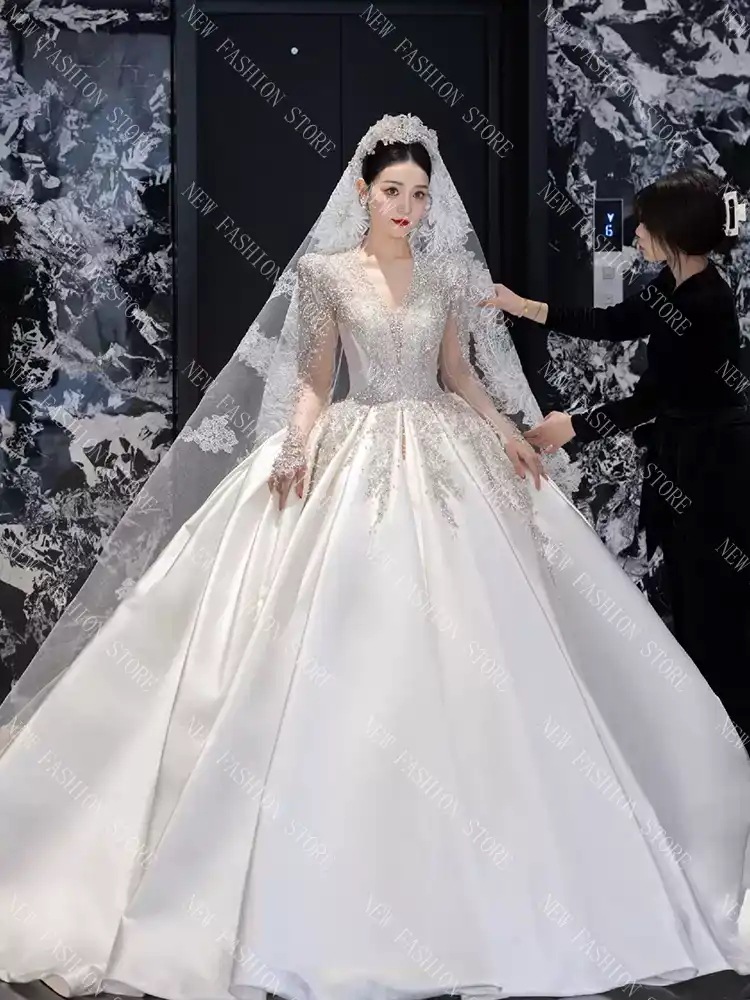 新型ウェディングドレス高級質感重工長袖冬のクイーンネックフレンチ-62