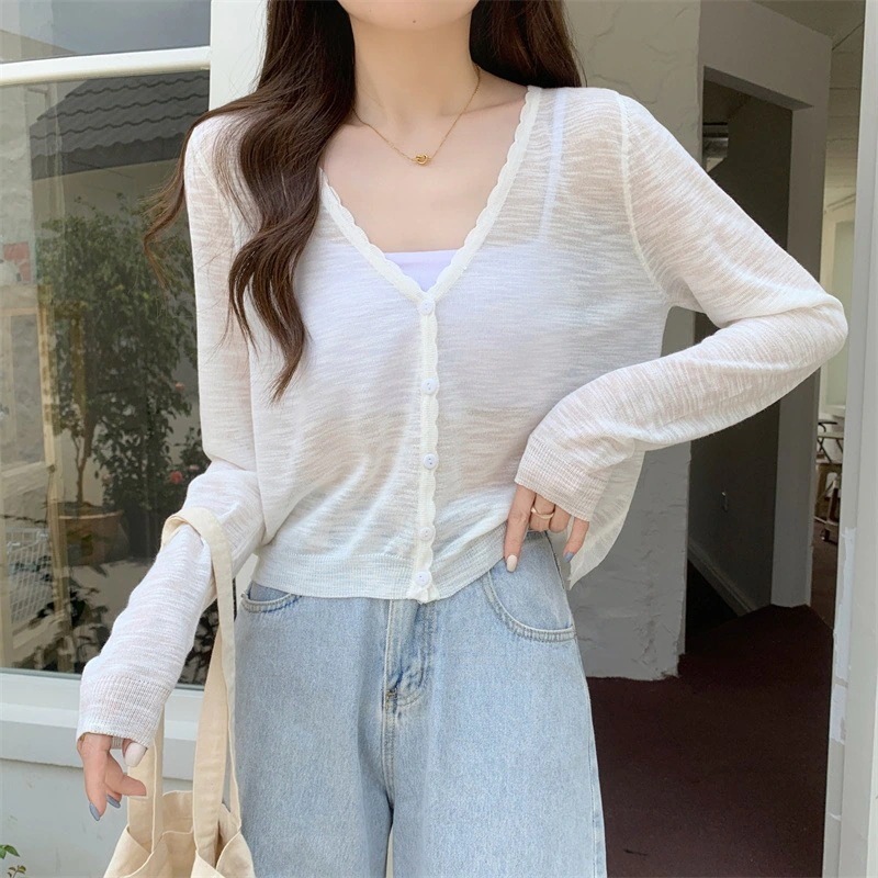 トップス カーディガン ショート丈 袖あり 長袖 Vネック 襟なし スリム 細身 ストレート 前開き 透け感 シースルー 薄手 大人可愛い きれいめ シンプル カジュアル 上品 お洒落 かっこいい