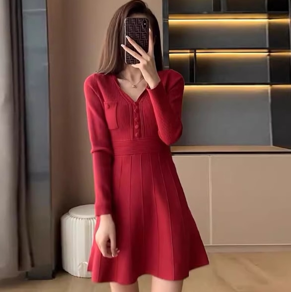 レディース ワンピース カットソー ニット ニットワンピ ミニ 長袖 Vネック フレア 細身 フェミニン ウエストマーク ハイウエスト リブ リブニット 伸縮性 大人可愛い きれいめ シンプル 上品