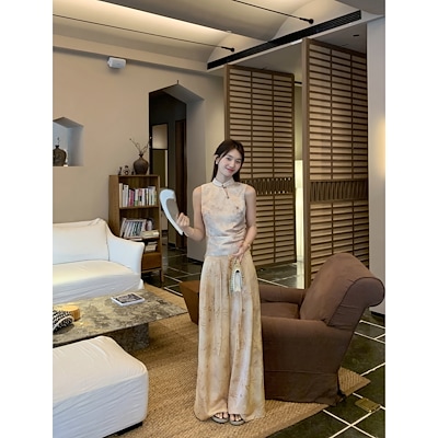 中国式ジャカードのプリントの広脚のズボンの女性のカジュアルな百合のモップのズボンはゆったりとやせて見えます垂れ下がって感のズボン