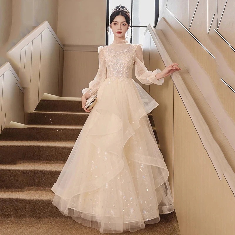 【2枚購入で 3oo円OFF！】シャンパンカラーイブニングドレス女性宴会ホスト感アートテストプリンセスドレス大人春