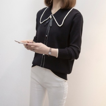 襟付きブラウス ブラック レッド トップス シャツ ブラウス スリム 細身 ストレート スマート