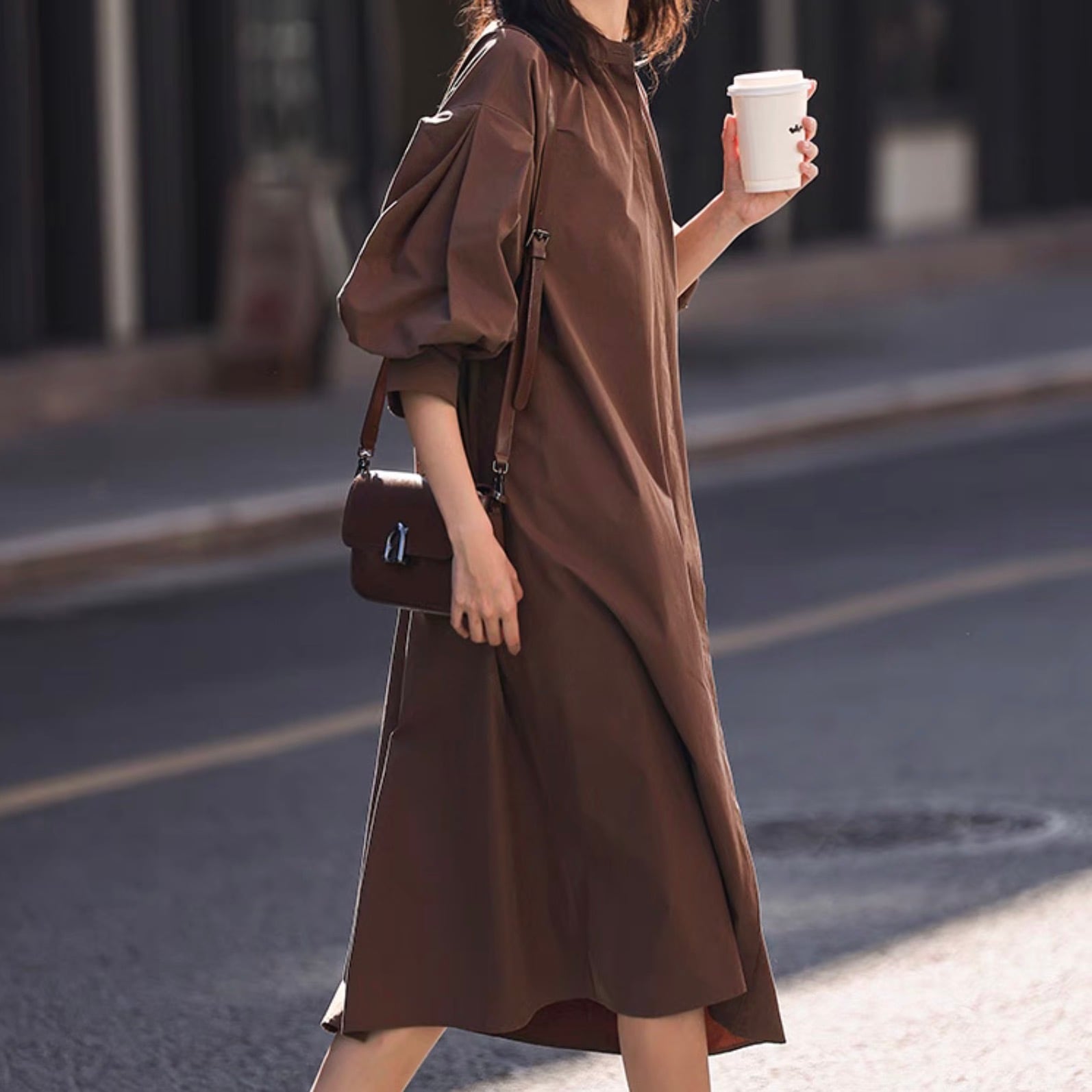 レディース ワンピース デート シャツワンピース ワンピドレス ロング ロング丈 袖あり 7分袖 七分袖 ボリューム袖 フレアスリーブ フレンチスリーブ ホルンスリーブ 襟付き セミフレア ワイド