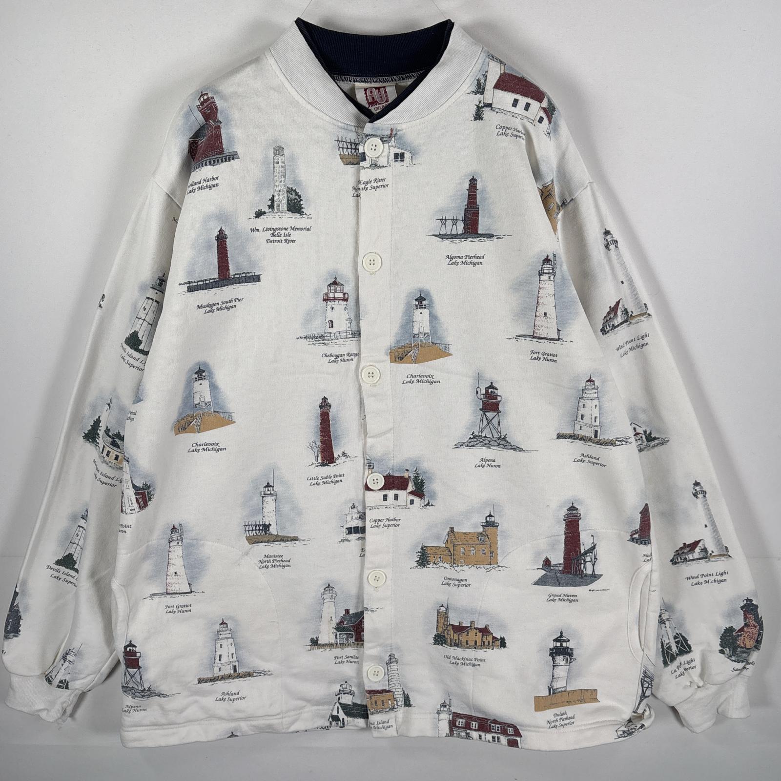 古着 ART UNLIMITED SPORTSWEAR USA製 スウェット スナップボタン ミシガン 港 灯台 サイドポケット XL ホワイト 総柄 メンズ