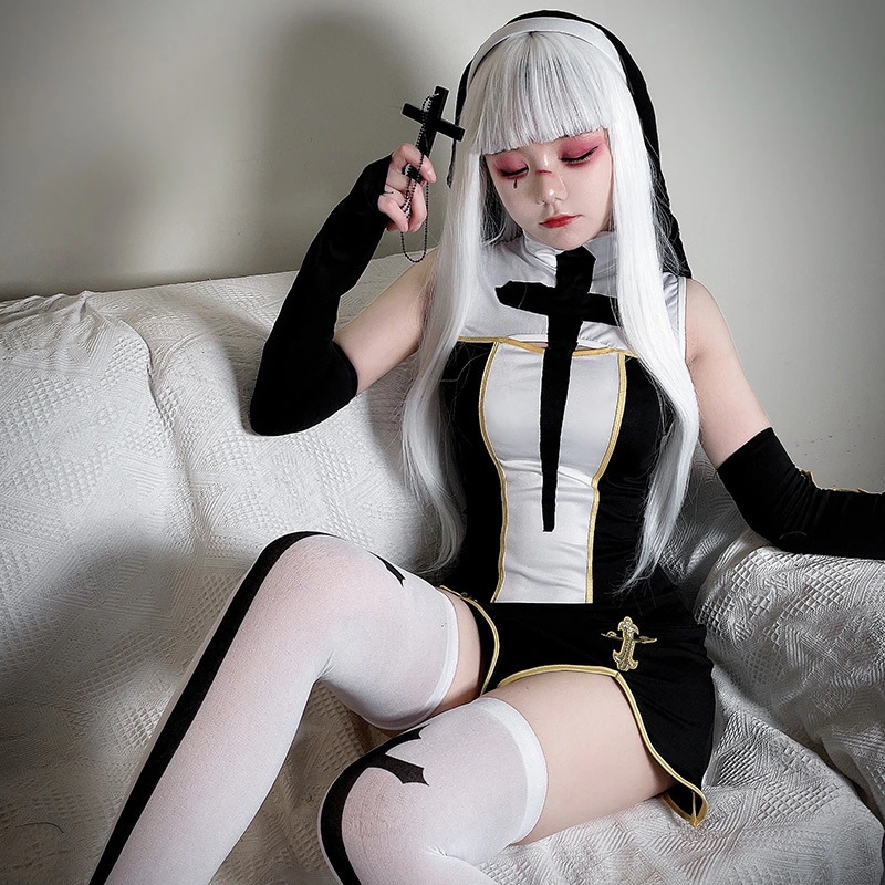 ハロウィン イースター 修道女 コスプレ コスチューム 聖母マリア 舞台 演劇 パフォーマンス 衣装 十字架 吸血鬼 コスチューム 黒