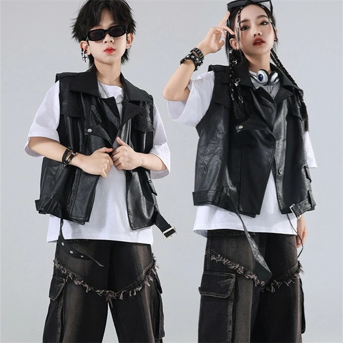 2件を15%値下げ ダンス衣装 ヒップホップ 女の子 男の子 ステージ衣装 子供服 キッズ セットアップ 上下セット 革ジャン レザーベスト PU トップス ノースリーブ デニムパンツ 練習着 レッ