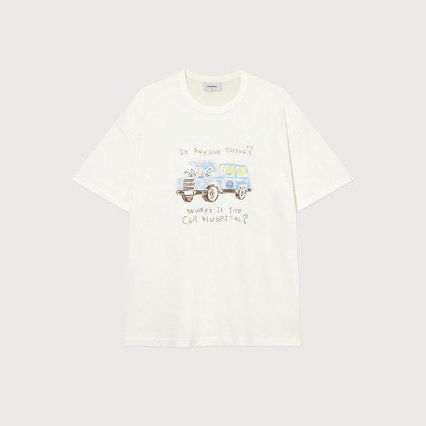半袖Tシャツ JQS CO2503ST23-OW ヴィンテージカー ドローイング Tシャツ オフホワイト