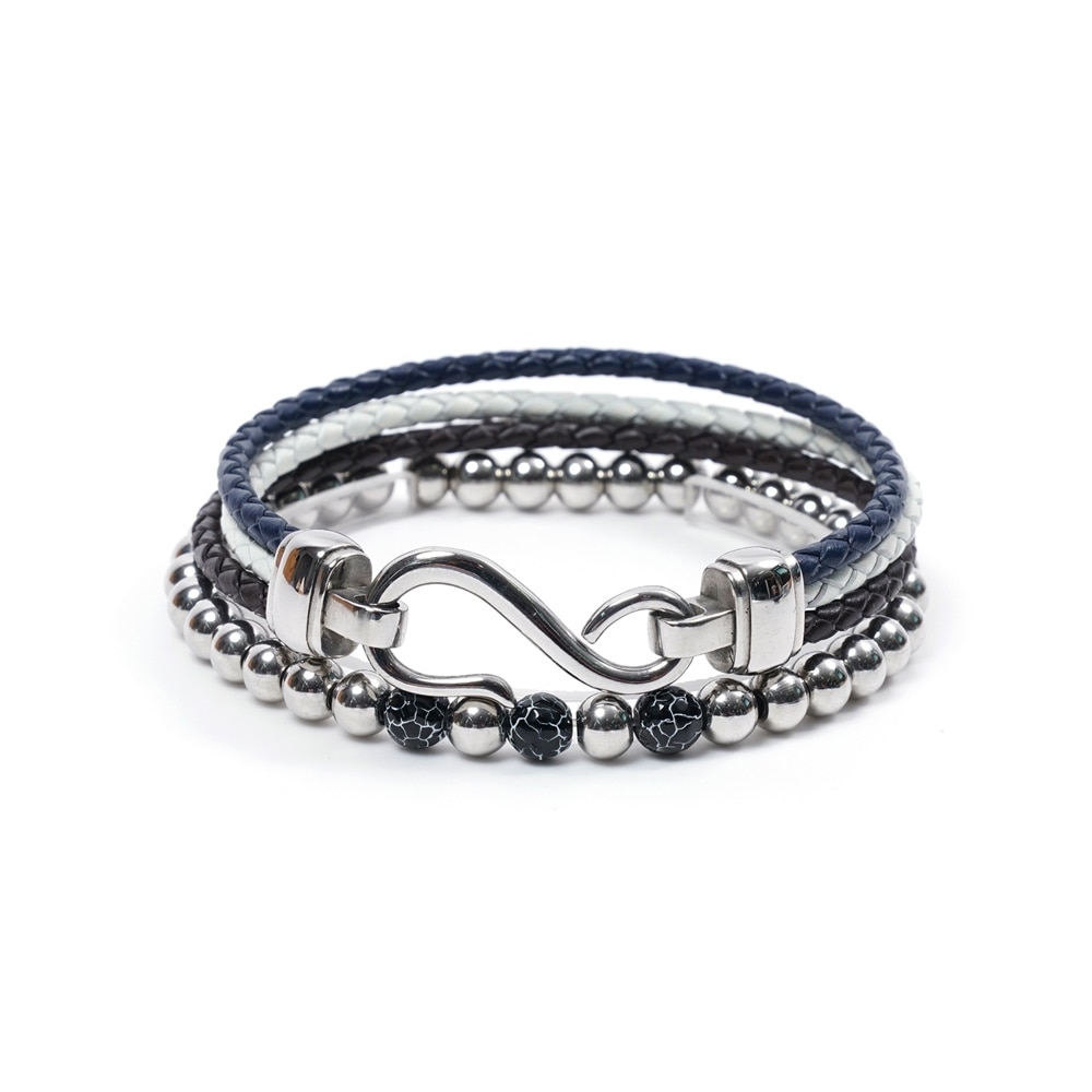 JBANS クラシックブラッククラックサージカルボール 675 トリプルレザー S フック703 ブレスレットセット (C2101-SE163_WT)