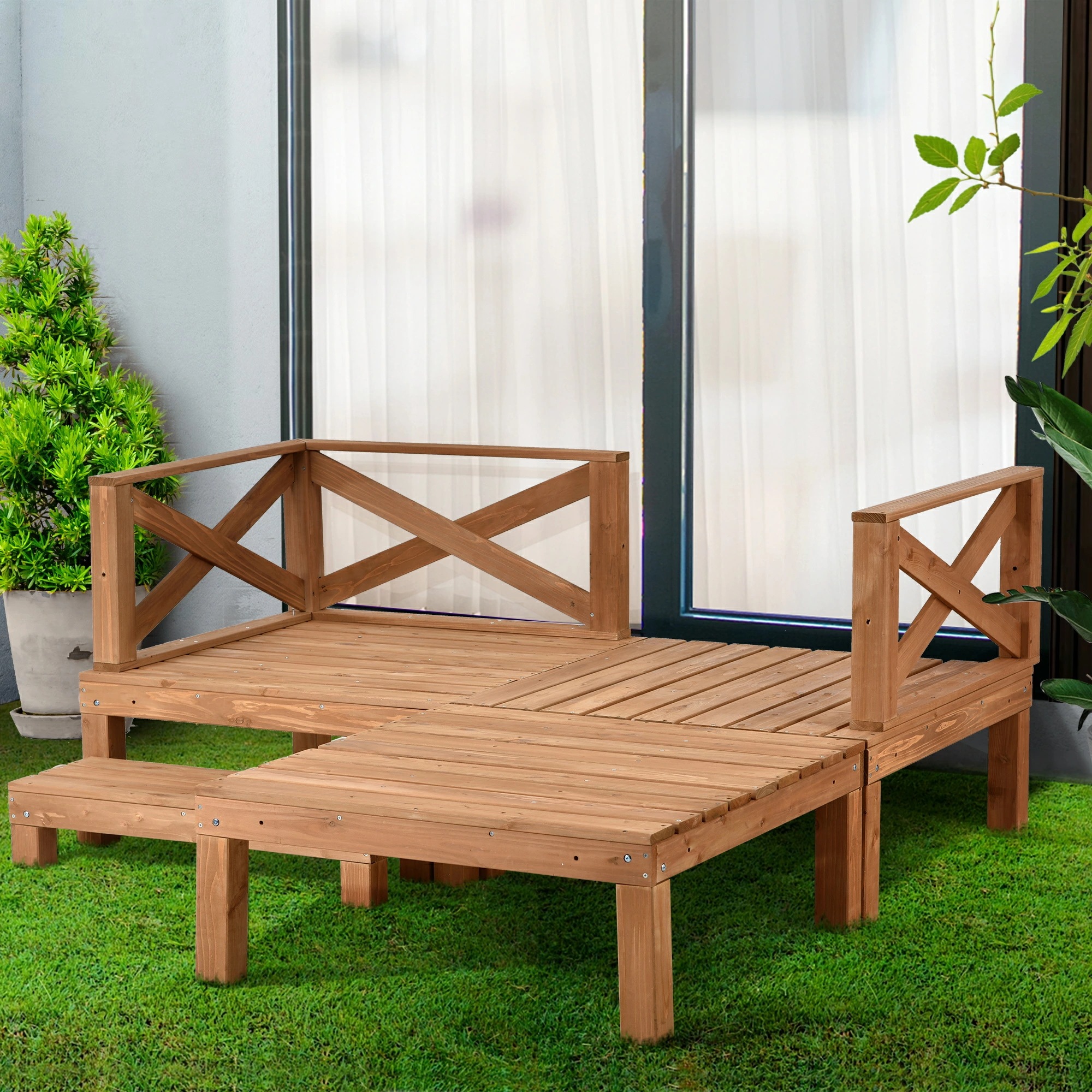 【短納期】ウッドデッキ 天然木 キット 7点セット 0.75坪 ウッドパネル 家具ガーデンファニチャーバルコニー ベランダ 踏み台付 北欧 キットウッド 新生活 夏断熱効果 冬保温効果 カフェ風