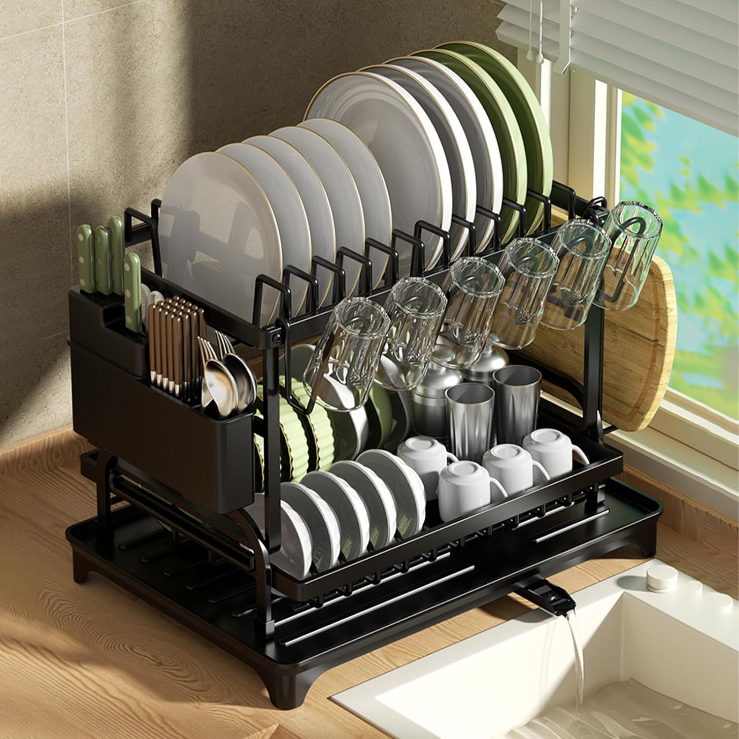 台所用 水切りラック 2段 ブラック ワイド 大容量 自動排水 乾燥可能 シンクサイド 箸立て 包丁スタンド まな板たて 水切りカゴ