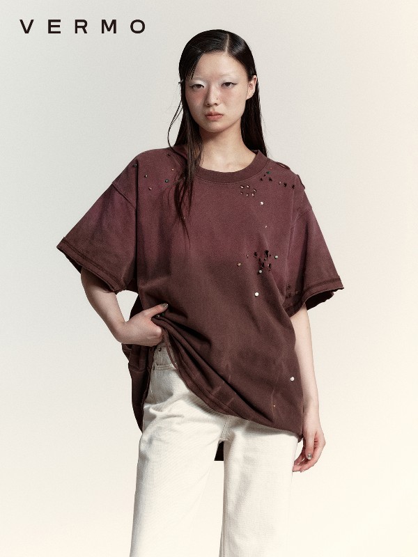 VERMO「ノスタルジックネイチャー」ユニセックス 手縫い 天然石 レトロ アシッドウォッシュ ダメージ加工 ホールTシャツ
