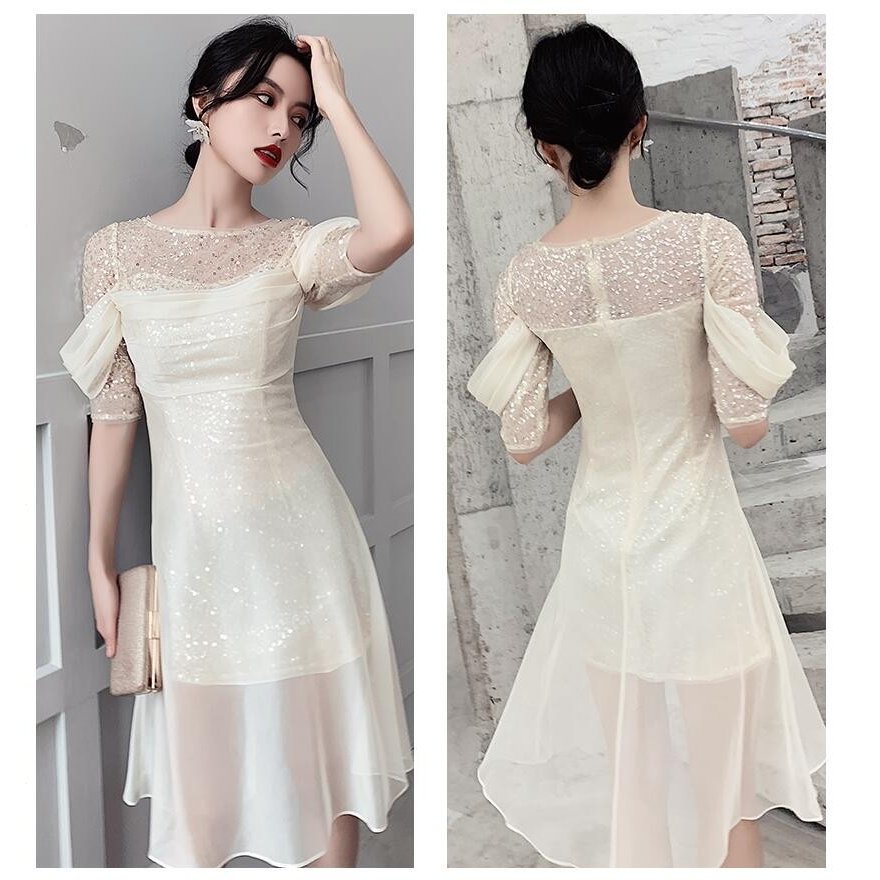 袖あり ミモレ丈ドレス ウエディングドレス パーティードレス レースアップ 結婚式ワンピース 20代