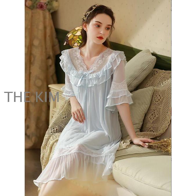 超人気 レディース レース 姫系 ネグリジェ 寝巻き 五分袖 ロング丈 春 夏 ロリータ フリル ルームワンピース パジャマ ナイトウエア